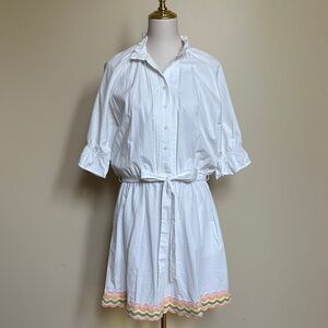 Mazik Button Up 3/4 Sleeved Belted White Dress with Pastel Trim